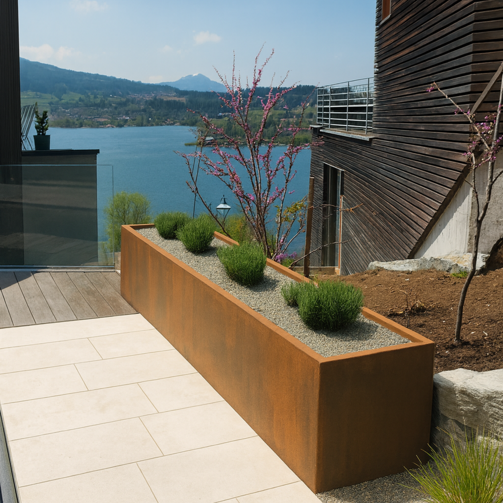 Rechteckiges Hochbeet aus Cortenstahl als Maßanfertigung auf einer modernen Terrasse mit Blick auf See und Berge – exklusive Edelrost-Gestaltung für Außenbereiche.