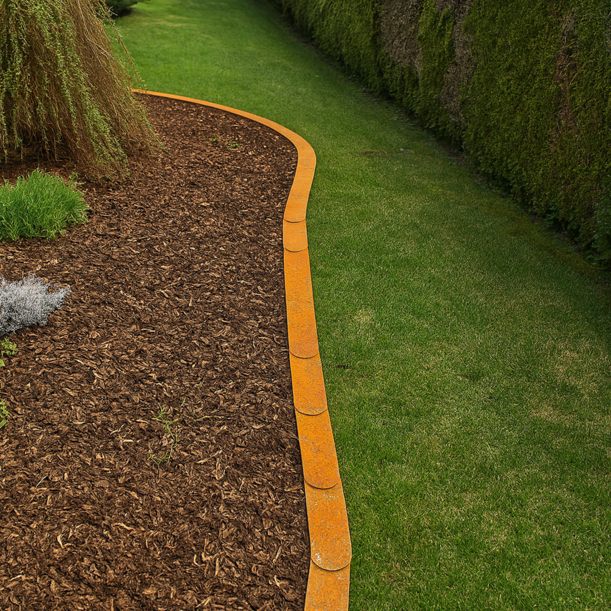 Flache Cortenstahl Rasenkante als saubere Abgrenzung zwischen Rasen und Beet mit Rindenmulch – langlebige Gartenstahl-Lösung für moderne Gartengestaltung.