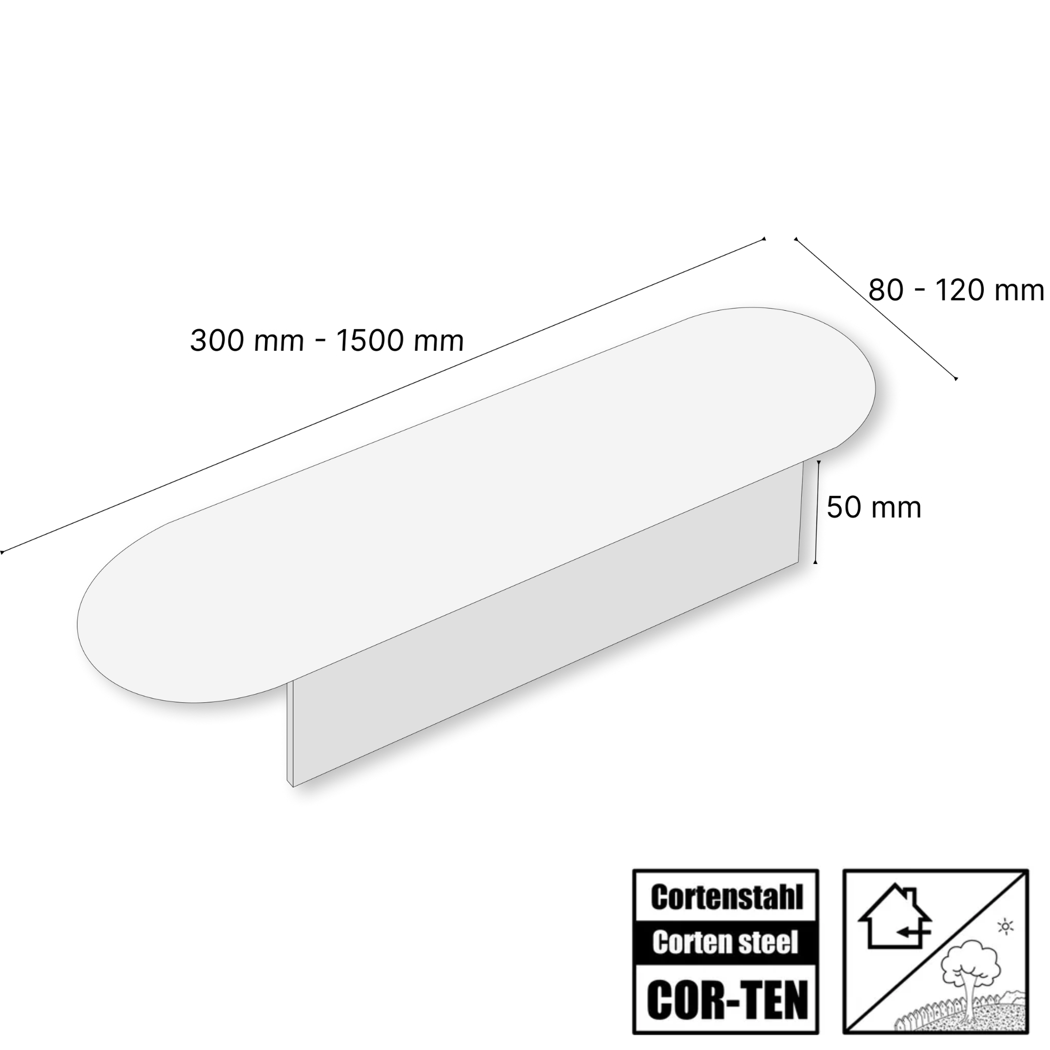 Skizze einer flachen Cortenstahl Rasenkante mit Maßen: Länge 300–1500 mm, Breite 80–120 mm, Einstecktiefe 50 mm – technische Zeichnung für Gartengestaltung.