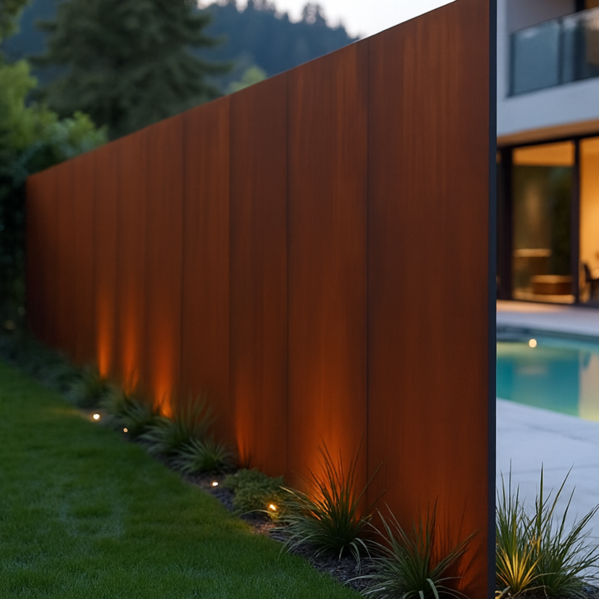 Moderner Sichtschutz aus Cortenstahl mit Edelrost-Patina im Garten neben Terrasse und Pool – elegante Gartenabgrenzung mit Beleuchtung und langlebigem Design