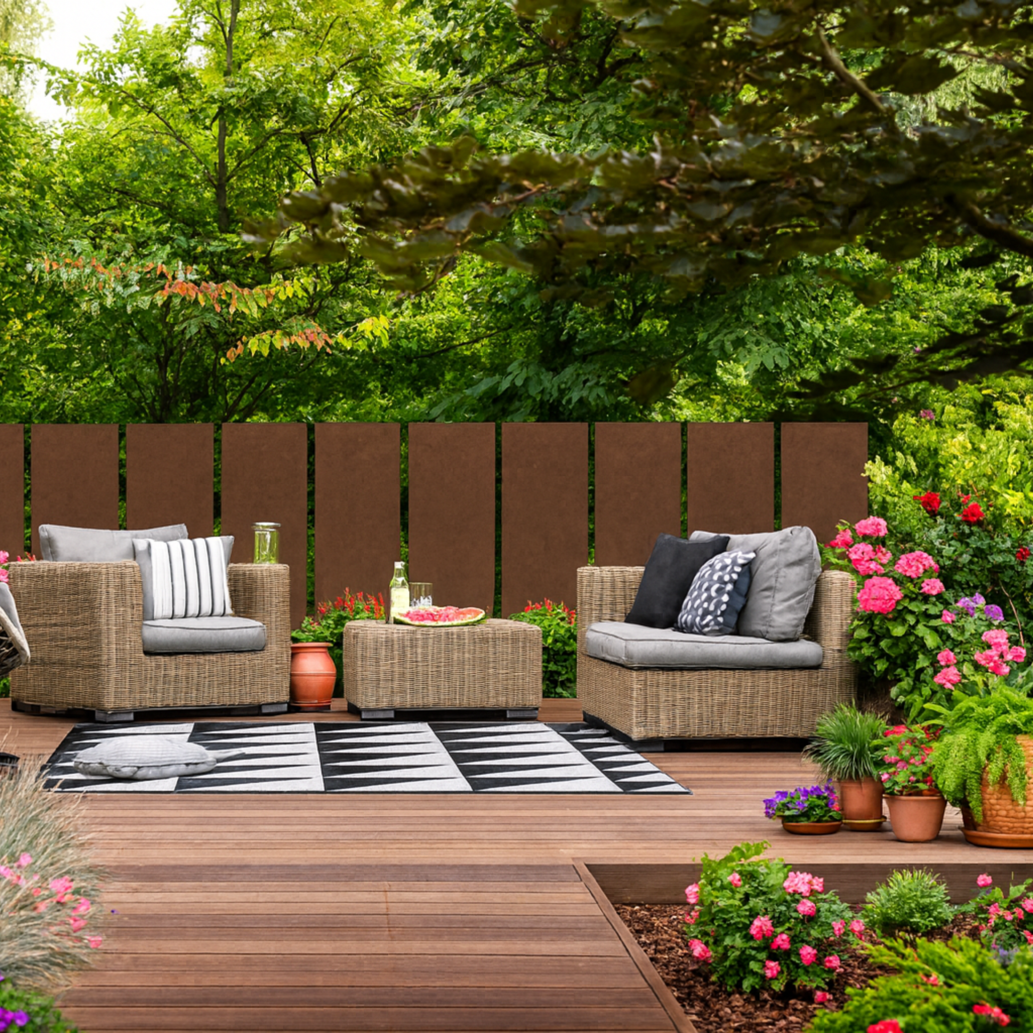 Moderner Garten mit Cortenstahl Sichtschutz, gemütlicher Lounge-Terrasse und farbenfrohen Blumen – langlebige Edelrost-Elemente für stilvolle Gartengestaltung