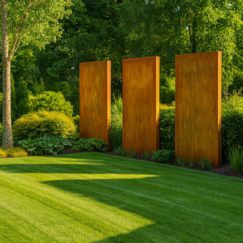 Moderner Sichtschutz aus Cortenstahl im Garten – rostbraune Metallplatten als langlebige und stilvolle Abtrennung für Privatsphäre und Gartengestaltung.