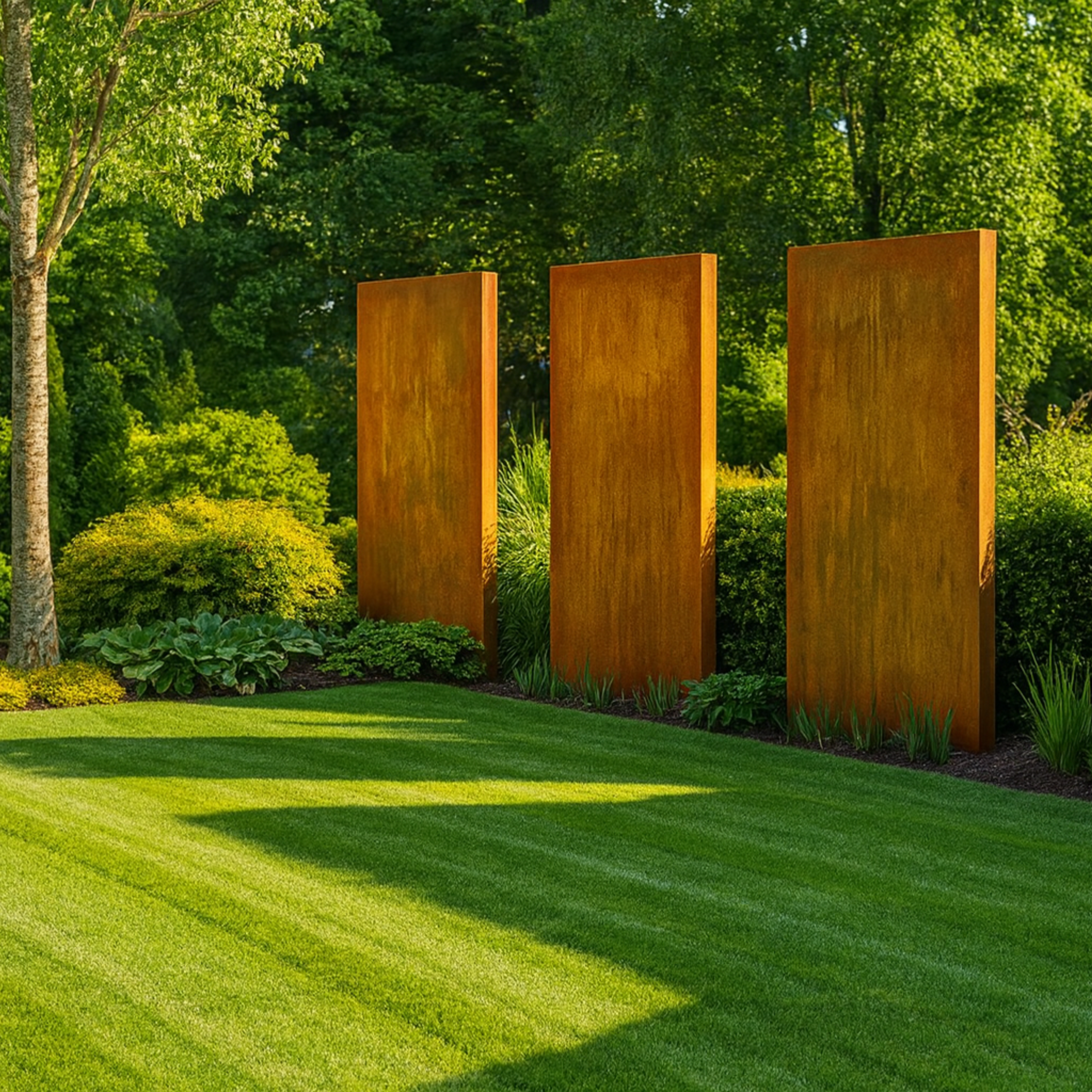 Moderner Sichtschutz aus Cortenstahl im Garten – rostbraune Metallplatten als langlebige und stilvolle Abtrennung für Privatsphäre und Gartengestaltung.