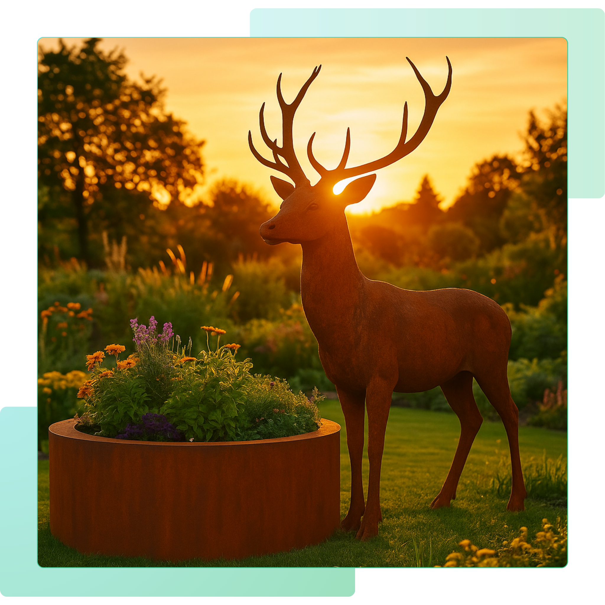 Edelrost Hirsch-Skulptur neben rundem Pflanzkübel im Garten bei Sonnenuntergang – stilvolle Edelrost-Deko für individuelle Gartengestaltung.