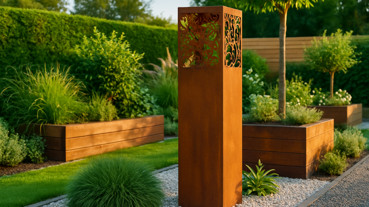 Edelrost-Stele mit filigranen Ausschnitten in einem modern gestalteten Garten, kombiniert mit Holzhochbeeten, Kieswegen und üppigem Grün.