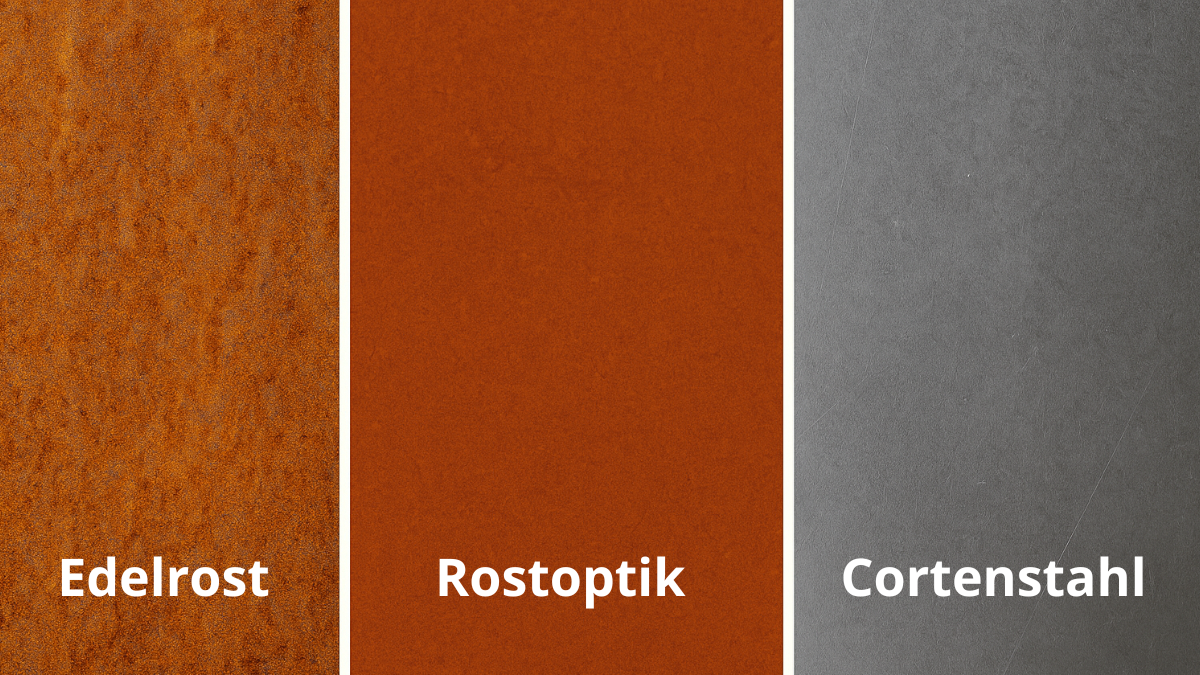 Vergleich von drei Metalloberflächen: links Edelrost mit unregelmäßiger Patina, in der Mitte Rostoptik mit gleichmäßiger Lackierung, rechts Cortenstahl in grauer, glatter Struktur.