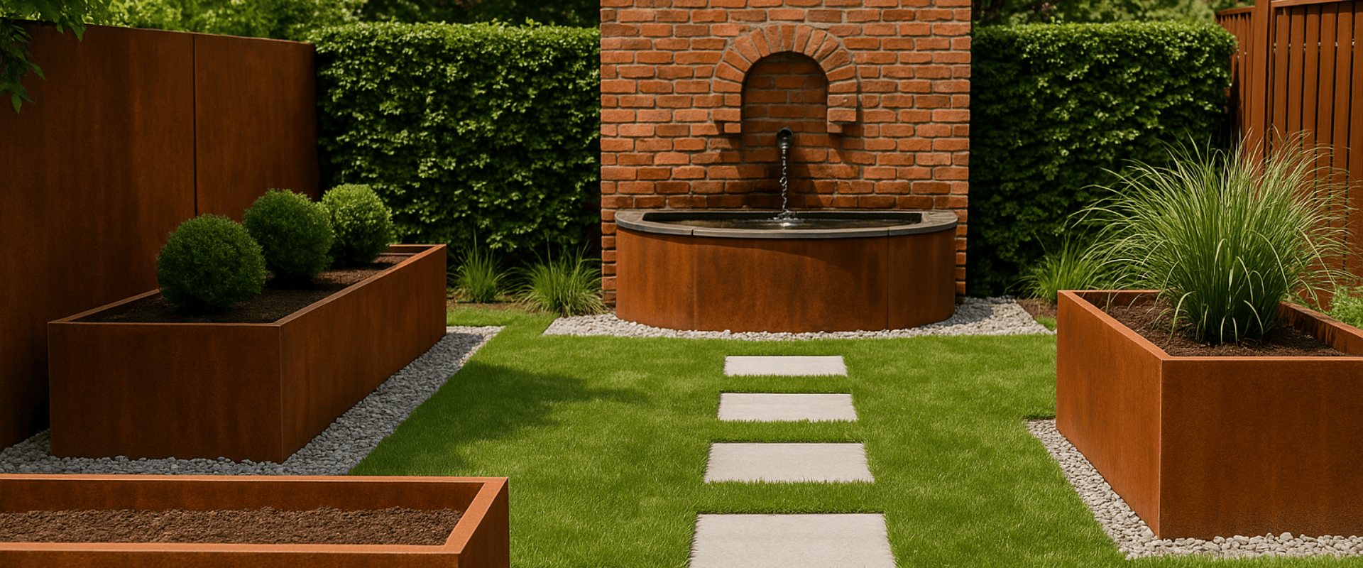 Moderner Garten mit Pflanzkübeln aus Cortenstahl, integriertem Brunnen aus Backstein und minimalistischer Gestaltung – stilvolle Gartengestaltung mit Edelrost-Design.