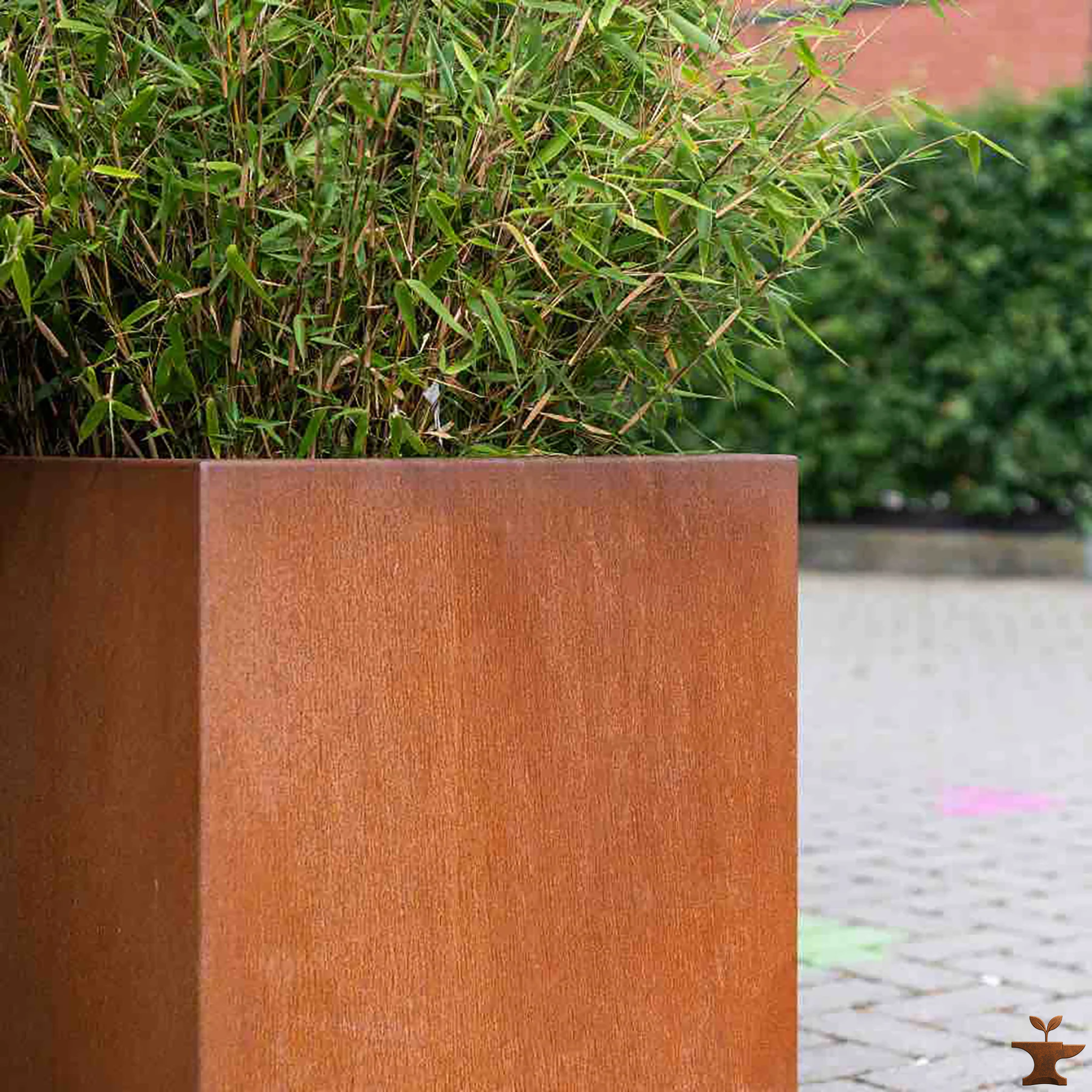Quadratischer Pflanzkübel aus Cortenstahl 40x40 cm – voll verrostete Patina, modernes Design, bepflanzt mit Bambus, wetterfest und langlebig für Garten und Terrasse.