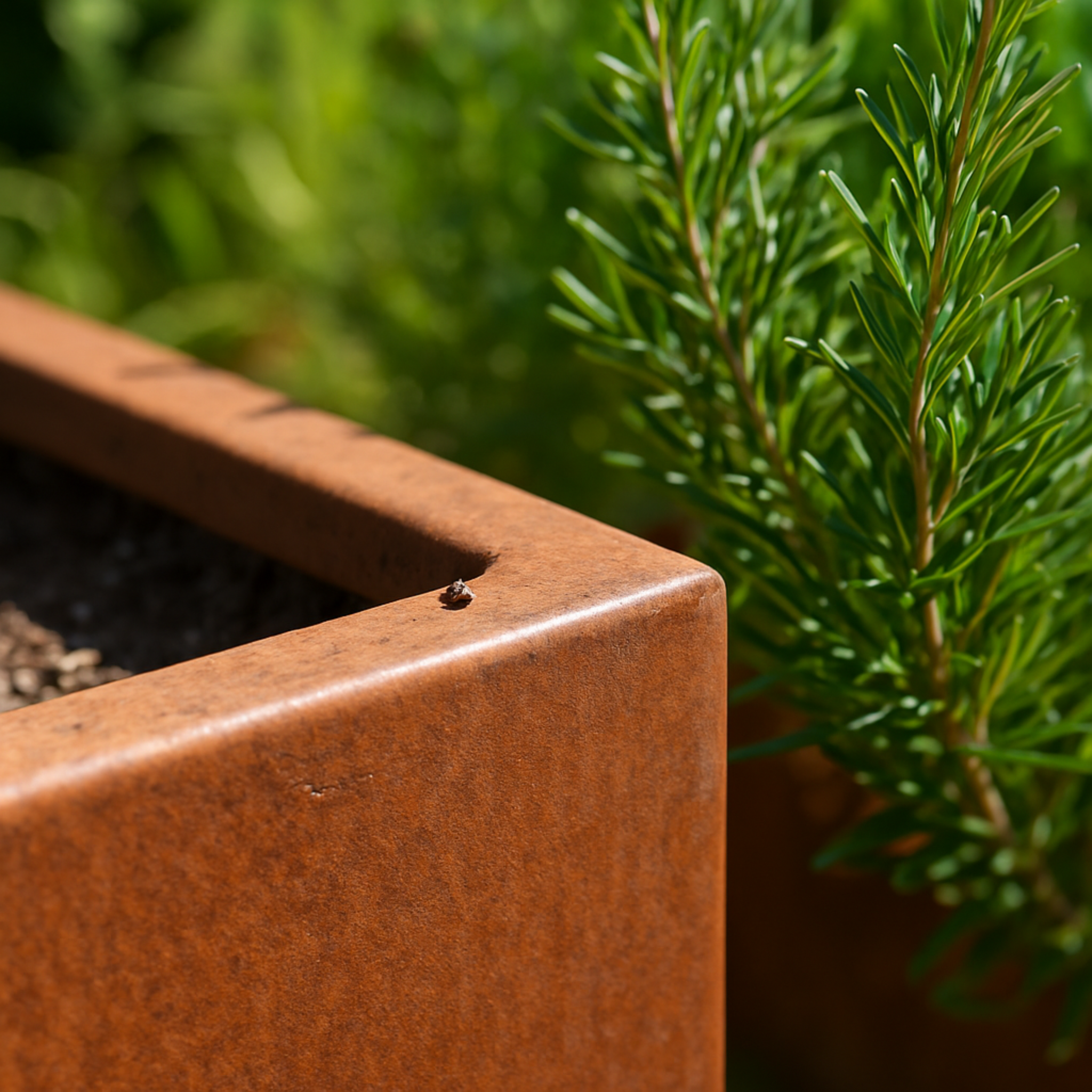 Nahaufnahme Pflanzkübel aus Cortenstahl – quadratische Kante mit rostbrauner Patina, detailreiche Oberfläche, modernes Gartendesign, wetterfest und langlebig.